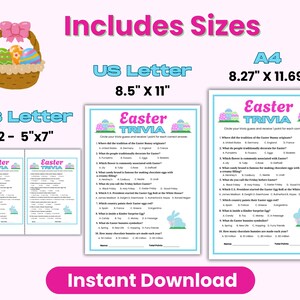 The Easter party game is on a pink background and show the three included sizes in the Easter game bundle. Size - US Letter, A4 and two 5x7 sizes.