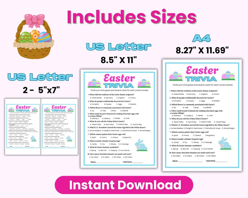 The Easter party game is on a pink background and show the three included sizes in the Easter game bundle. Size - US Letter, A4 and two 5x7 sizes.
