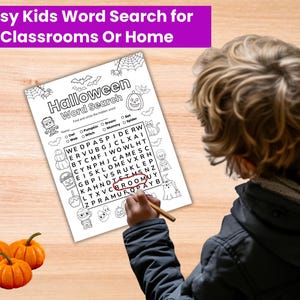 May include: A Halloween-themed word search puzzle for kids. The worksheet features a grid of letters with hidden words to find, along with Halloween-related illustrations. The text at the top reads "Easy Kids Word Search for Classrooms Or Home."