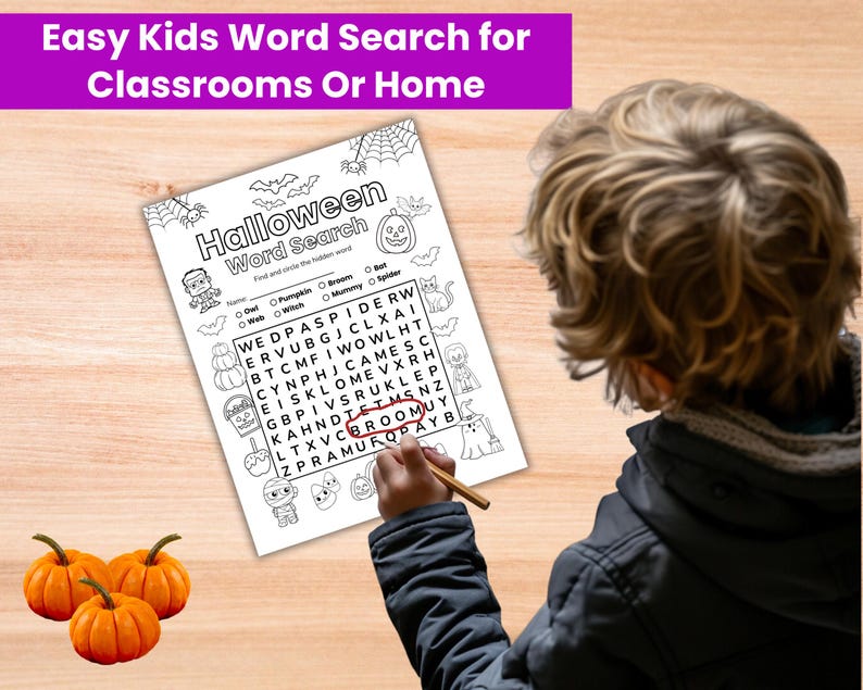 May include: A Halloween-themed word search puzzle for kids. The worksheet features a grid of letters with hidden words to find, along with Halloween-related illustrations. The text at the top reads "Easy Kids Word Search for Classrooms Or Home."
