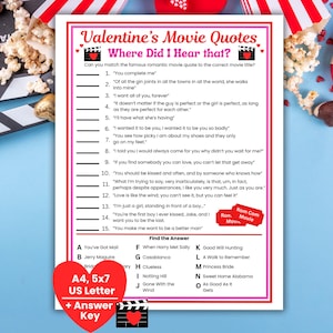 May include: A Valentine's Day themed game sheet featuring movie quotes. The sheet includes a list of quotes and a section to match them with movie titles. The sheet is A4, 5x7, and US Letter size.