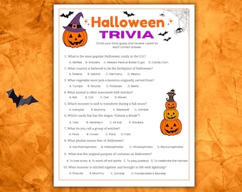 Halloween Trivia Game, Printable Halloween Trivia Questions Adults, Teens, Kids, Halloween Game Night, Office Trivia, Fun Classroom Games