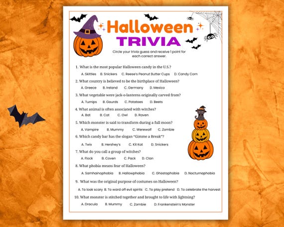 Halloween Trivia Game, Printable Halloween Trivia Questions Adults, Teens, Kids, Halloween Game Night, Office Trivia, Fun Classroom Games