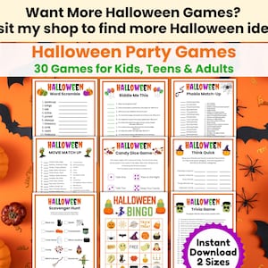 May include: A collection of Halloween party games, including word scrambles, trivia, and bingo. The games are designed for kids, teens, and adults. The image features an orange background with pumpkins, bats, and spiders.