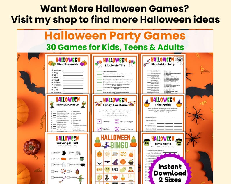 May include: A collection of Halloween party games, including word scrambles, trivia, and bingo. The games are designed for kids, teens, and adults. The image features an orange background with pumpkins, bats, and spiders.