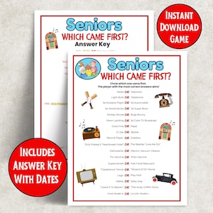 Puede incluir: Dos hojas de juego imprimibles tituladas "Seniors Which Came First?" con una clave de respuestas. El juego presenta ilustraciones y texto vintage, incluyendo "Instant Download Game" y "Includes Answer Key With Dates" en c&iacute;rculos rojos.