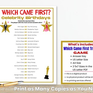 Which Came First Celebrity Trivia Game, Printable Trivia for Teens