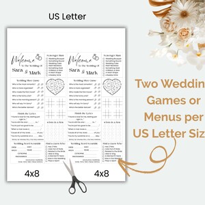 May include: A white US Letter-sized sheet with two wedding game templates. Each template includes a scavenger hunt, a wedding shoe game, a maze, and other activities. The text "Welcome to the Wedding of Sara & Mark" is displayed.