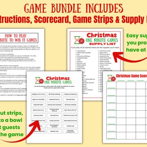 May include: A Christmas-themed game bundle with instructions, a scorecard, game strips, and a supply list. The game includes instructions on how to play, a list of supplies, and a scorecard to keep track of the game. The game strips have various challenges.