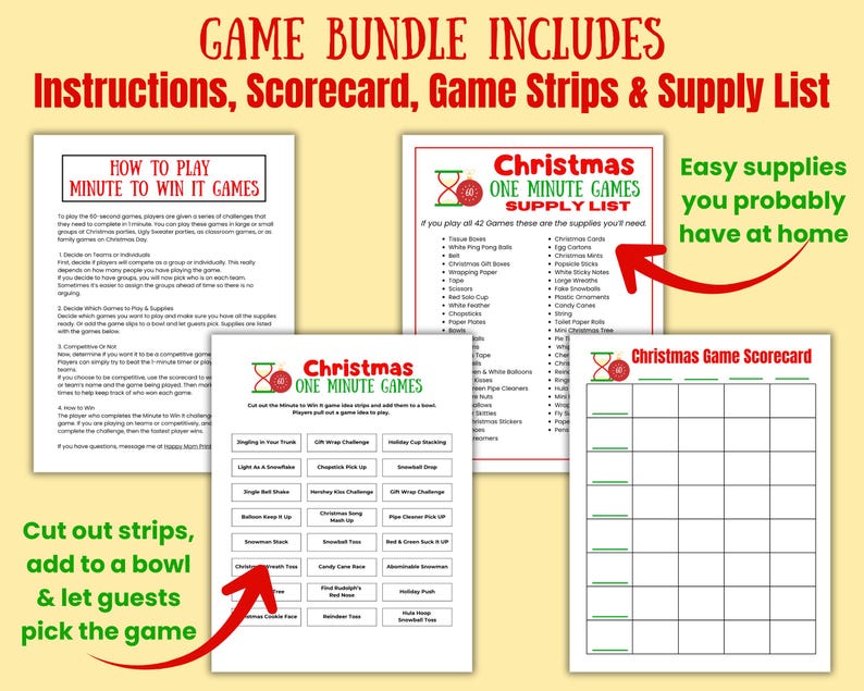 May include: A Christmas-themed game bundle with instructions, a scorecard, game strips, and a supply list. The game includes instructions on how to play, a list of supplies, and a scorecard to keep track of the game. The game strips have various challenges.