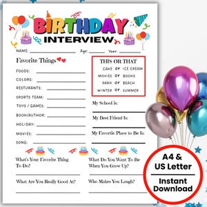 Printable Kids Birthday Interview, Birthday Questions Quiz, Keepsake Interview, Birthday Memory Book, Kids Questionnaire, Birthday Tradition