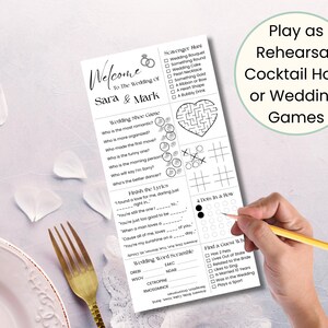 May include: A white wedding game sheet with the text "Welcome To The Wedding Of Sara & Mark". The sheet includes a scavenger hunt, a wedding shoe game, and other games. The text "Play as Rehearsal, Cocktail Hour or Wedding Games" is also present.