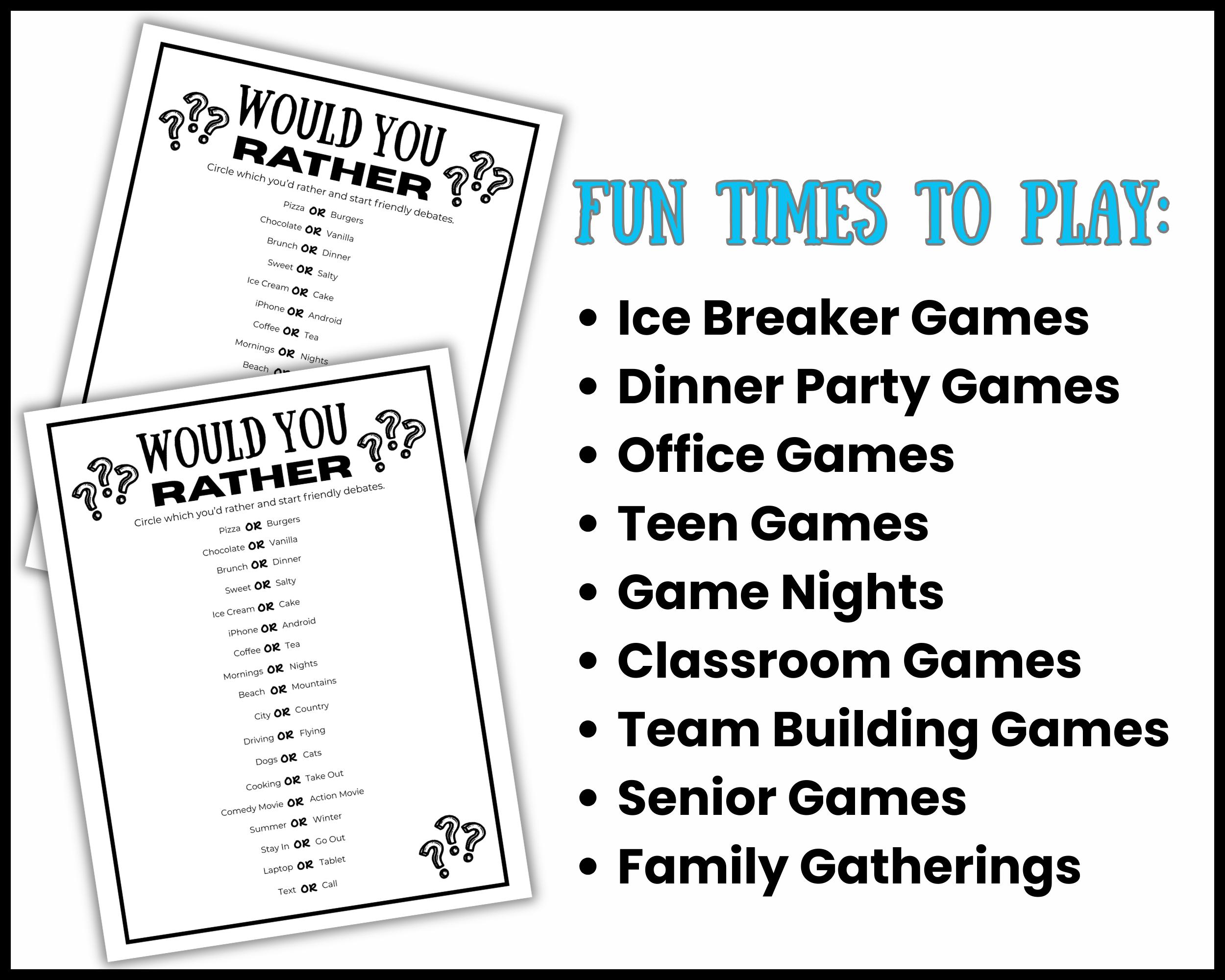 Would You Rather Game, Fun Icebreaker Game, Conversation Starters