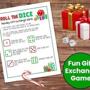 A tabletop with a fun gift exchange game called Roll the Dice for Christmas parties. Presents, dice, and a candy cane are on the table.