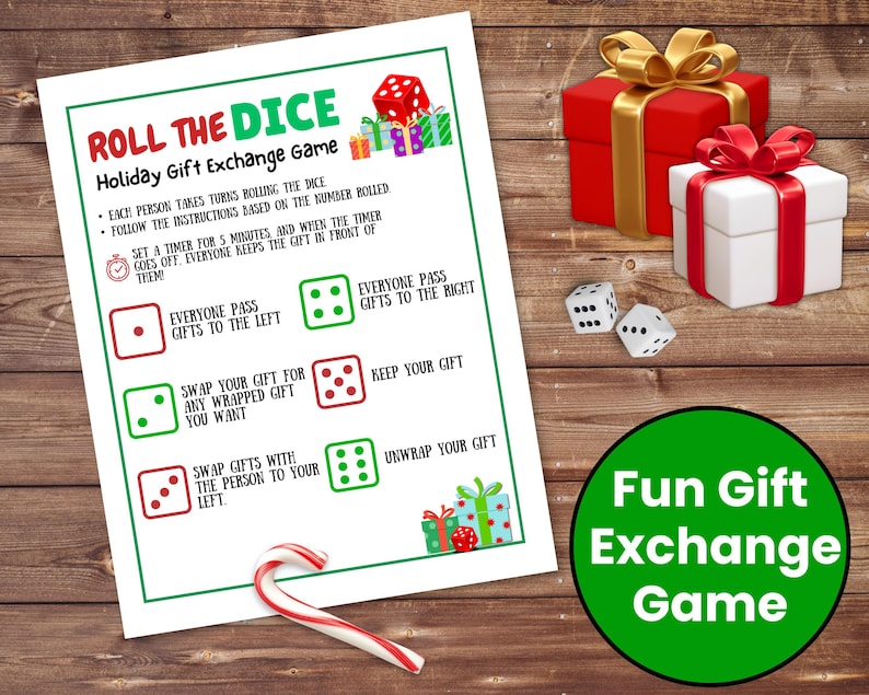 A tabletop with a fun gift exchange game called Roll the Dice for Christmas parties. Presents, dice, and a candy cane are on the table.