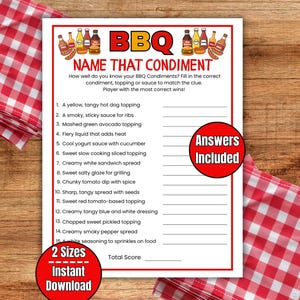 Op de afbeelding: Een afdrukbaar BBQ-spel met de titel "Name That Condiment" in rood en geel. Het spel bevat een lijst met aanwijzingen voor kruiden en ruimte voor antwoorden. Een rode cirkel met "Answers Included" is ook zichtbaar.