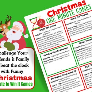 May include: A colorful Christmas-themed game sheet with various challenges, including "Jingle Bell Shake" and "Stack the Present." The image features Santa Claus and a reindeer, with text that reads "Challenge Your Friends & Family to beat the clock with Funny Christmas Minute to Win It Games."