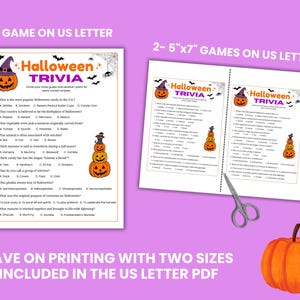May include: Halloween trivia game sheets with pumpkin and bat graphics. The text reads "Halloween Trivia" and includes questions about Halloween. The image also shows a pumpkin and scissors.