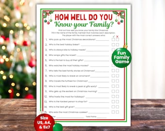Puede incluir: Una hoja de juego con temática navideña con el título "How Well Do You Know Your Family?" en rojo y verde. La hoja incluye una lista de preguntas para determinar el conocimiento familiar, con casillas de verificación para las respuestas. Un adorno verde con "Fun Family Game" está a la derecha.