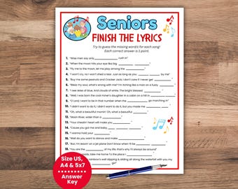 Finish the Lyrics Senior Games, Printable Games for Senior Citizens, Song Game, Senior Trivia Quiz, Memory Brain Games, Senior Party Games