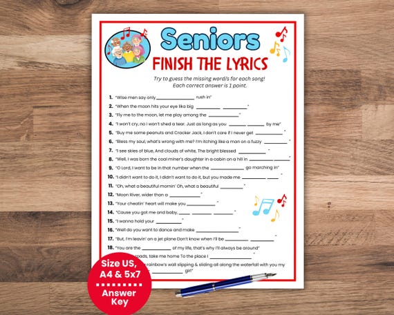 Finish the Lyrics Senior Games, Printable Games for Senior Citizens, Song Game, Senior Trivia Quiz, Memory Brain Games, Senior Party Games