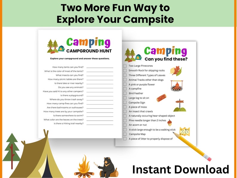 2 printable camp games shown on white background with a campground scene on the bottom of the page. The camping activities are a Campground Scavenger hunt questions game and Camping Can You Find in your Campground checklist. It's an instant download camping activity.