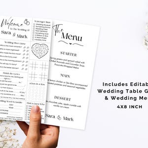 May include: A white wedding menu and game set with the text "Welcome to the Wedding of Sara & Mark." Includes a wedding shoe game, scavenger hunt, and menu. The set is 4x8 inches.