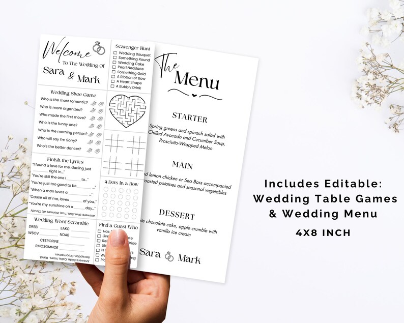 May include: A white wedding menu and game set with the text "Welcome to the Wedding of Sara & Mark." Includes a wedding shoe game, scavenger hunt, and menu. The set is 4x8 inches.