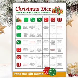May include: A Christmas Dice Gift Exchange Game printable. The game features instructions and swap directions. The game includes dice and gift exchange instructions. The game is decorated with Christmas themed graphics.