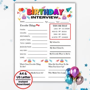 Op de afbeelding: Een afdrukbaar verjaardagsinterviewblad met kleurrijke tekst en afbeeldingen. Het blad bevat vragen over favoriete dingen, een 'Dit of Dat'-sectie en vragen over de toekomst van het kind. Beschikbaar in A4- en US Letter-formaten.