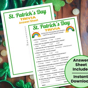 The St. Patrick's Day Trivia quiz is on a wooden table with Irish items on the table. Two printable games are shown - an Irish Trivia questions game and an answer sheet. It's an instant download game.
