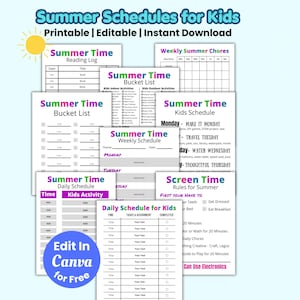 Bearbeitbarer Sommerplan für Kinder, tägliches Sommerprogramm, Kinder-Sommerplaner, Checkliste für die Bildschirmzeit-Sommerregeln, Sommer-Bucketliste