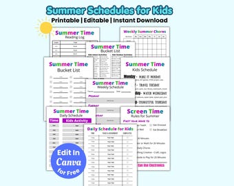 Editable Summer Schedule for Kids, Daily Summer Routine Chart, Kids Summer Planner, Screen Time Summer Rules Checklist, Summer Bucket List