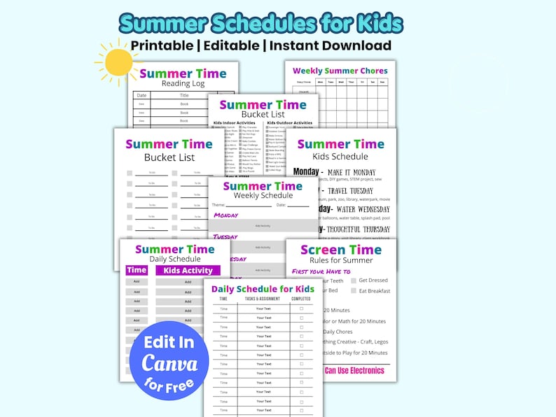 Editable Summer Schedule for Kids, Daily Summer Routine Chart, Kids ...