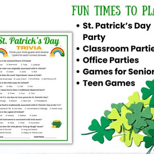 A white page with Shamrocks and the St. Patrick's Day Trivia quiz. The right has fun times to play the Irish game - St. Patrick's Day parties, Classroom parties, as office party games, games for seniors, and as teen games.