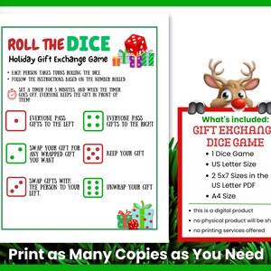 Rudolph holding a Whats included in the Gift Exchange Dice game sign - 1 Christmas Dice game in three sizes. It is a digital product with no physical product shipped. Print as many copies as you need.