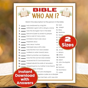 Könnte beinhalten: Ein druckbares Bibel-Quizspiel mit dem Titel "Bible Who Am I?" mit Fragen und Antworten. Das Spiel hat einen cremefarbenen Hintergrund mit goldenen Akzenten, einen roten Kreis mit "2 Größen" und einen weiteren mit "Sofort-Download mit Antworten".