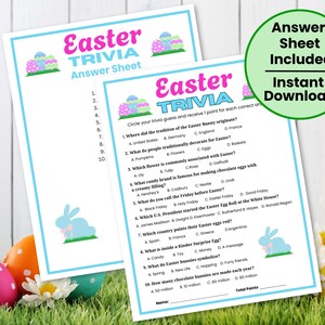 Fun Easter Trivia Questions and Answers on a white fence with green grass, Easter eggs and white flowers. The Easter game includes and answer sheet and is an instant download.