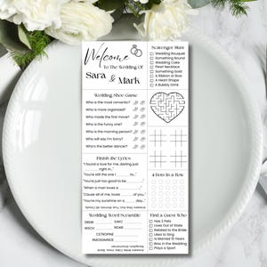 Wedding Table Games, Wedding Games for Reception, Wedding Menu Template Canva, Wedding Activities, Reception Games, Minimalist Wedding Decor