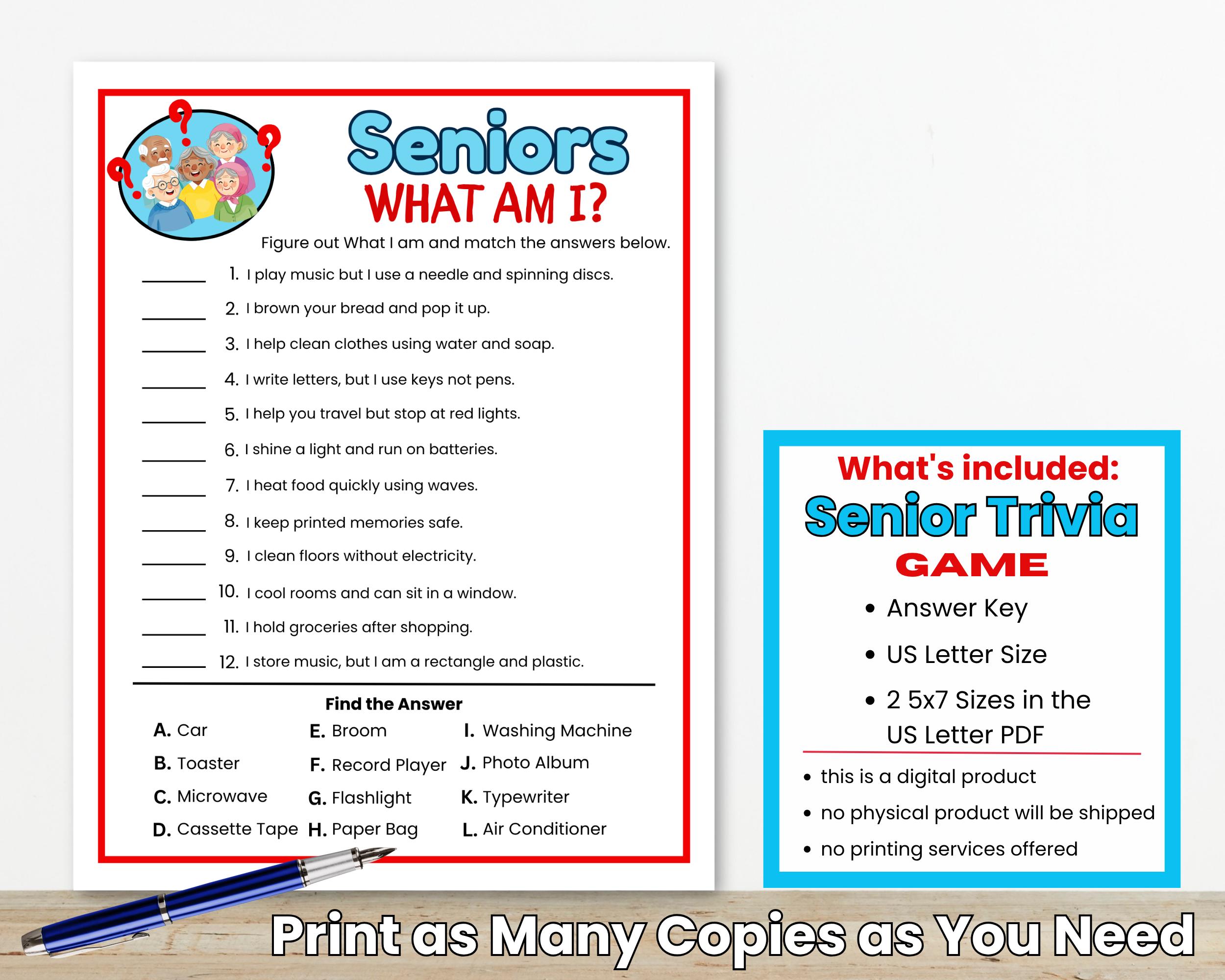 Senior Riddle Printabl Seniors What Am I Game, Senior Riddle Game, Guessing Game for Seniors ...