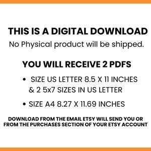 May include: White digital download information sheet with black text on an orange border. Text includes "THIS IS A DIGITAL DOWNLOAD", "YOU WILL RECEIVE 2 PDFS", and size details in inches. The image is for a digital product.