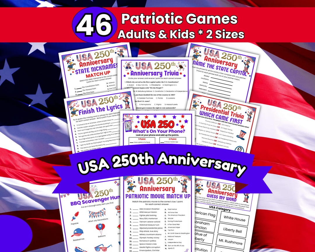 USA 250th Anniversary Game Bundle, America 250 Years, Printable 4th of ...
