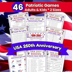 May include: A collection of patriotic games for adults and kids, featuring trivia, matching, and scavenger hunt activities. The games are themed around the USA's 250th Anniversary, with various question formats and categories. The image includes the text "46 Patriotic Games Adults & Kids * 2 Sizes."