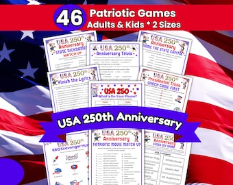 USA 250th Anniversary Game Bundle, America 250 Years, Printable 4th of July Games, USA Birthday Activities, Patriotic Trivia, Family Reunion