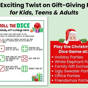 Santa holding a sign about the Christmas Dice Game a fun for kids, teens, and adults. Play the gift swap game at Holiday parties, white elephant parties, family gift exchanges, Ugly Sweater parties, office parties, or Friendsmas parties.