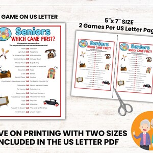 Puede incluir: Se muestran dos hojas de juego imprimibles tituladas "Seniors Which Came First?". El juego presenta una lista de elementos, pidiendo a los jugadores que identifiquen cu&aacute;l fue el primero. Tambi&eacute;n se ve el texto "1 Game on US Letter" y "5"x7" Size".