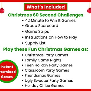 May include: A red and white graphic with the text "What's Included" and "Christmas 60 Second Challenges." The image lists game components and game types, including Christmas party games and family game nights. A green circle reads "Instant Download Games."