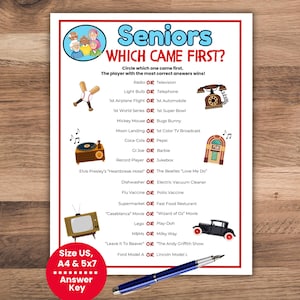 May include: A printed game sheet titled "Seniors Which Came First?" with a red border. The game features illustrations of a record player, a television, and other vintage items. Includes a red circle with the text "Size US, A4 & 5x7 Answer Key".