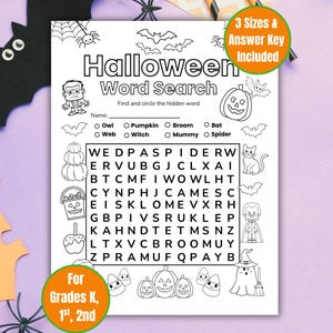 May include: A black and white Halloween word search puzzle featuring illustrations of bats, pumpkins, and a witch. The puzzle includes the text "Halloween Word Search" and "Find and circle the hidden word". The image also includes the text "3 Sizes & Answer Key Included" and "For Grades K, 1st, 2nd".