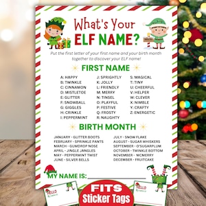 May include: A festive Christmas-themed poster with the text "What's Your ELF NAME?" and a list of elf names based on the first letter of your first name and birth month. Includes elf illustrations and a space to write your name.